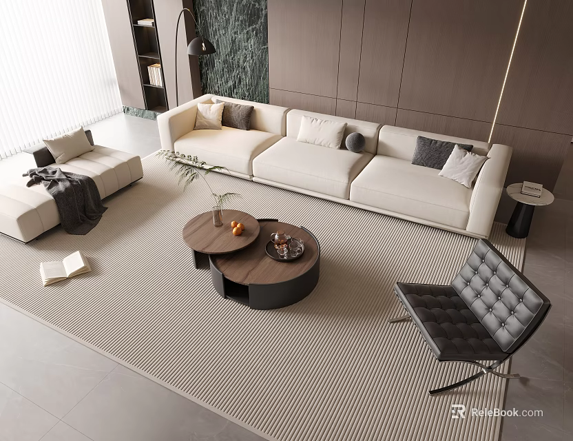 Modern White Sofa Coffee Table Set with Round Wooden Tables Beige Rug Black Leather Chair 3d model 