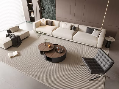 Modern White Sofa Coffee Table Set with Round Wooden Tables Beige Rug Black Leather Chair 3d model