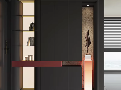 Modern Black Shoe Cabinet With Minimalist Design And Decorative Red Countertop 3d model