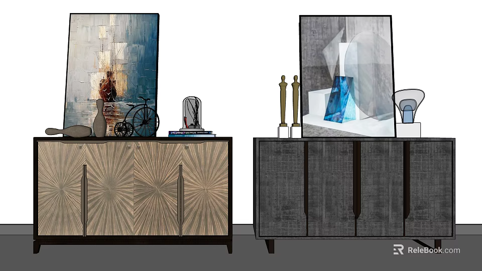 Modern Entryway And Side Cabinets With Wood Grain Design Decorative Vases And Art Pieces 3d model 