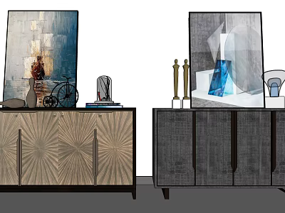 Modern Entryway And Side Cabinets With Wood Grain Design Decorative Vases And Art Pieces 3d model