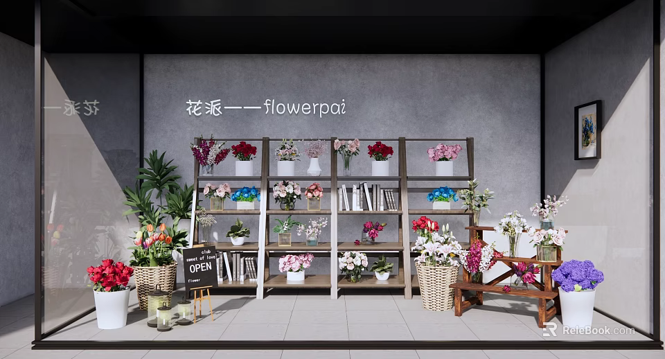 Colorful Flower Shop With Various Bouquets Shelves Green Plants And Open Sign 3d model 