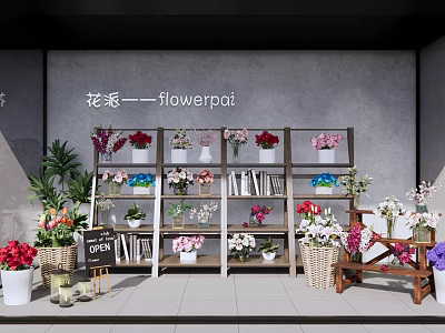 Colorful Flower Shop With Various Bouquets Shelves Green Plants And Open Sign 3d model