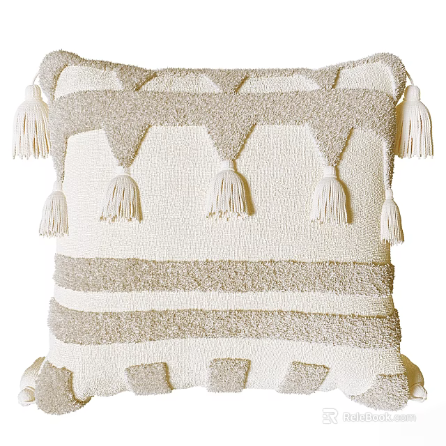 Beige and White Striped Pillow With Knitted Texture and Tassel Accents for Home Decor 3d model 