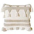 Beige and White Striped Pillow With Knitted Texture and Tassel Accents for Home Decor