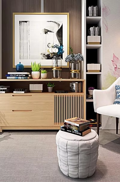 Modern Entryway Interior With Console Cabinet Sideboard Hanging Lights And Decorative Plants 3d model