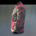 Stylish Leather Jacket With Red White Black Color Block Design Front Zipper And Embroidered Badge