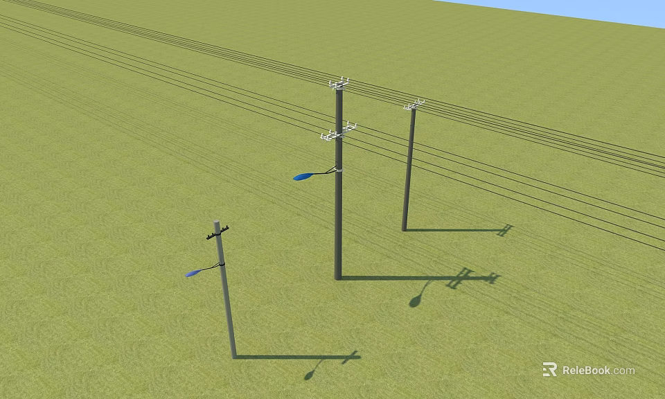 Roadside Facilities Featuring Utility Poles Power Lines And Street Lamps In Rural Green Field 3d model 