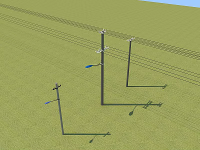 Roadside Facilities Featuring Utility Poles Power Lines And Street Lamps In Rural Green Field 3d model