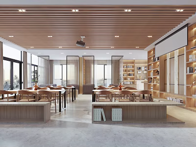 Book Art Exhibition Interior Design With Wooden Bookshelves And Art Display Elements 3d model