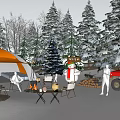 Snowy Winter Camping Site With Orange Tent Bonfire Snowman Pine Trees And Red Truck