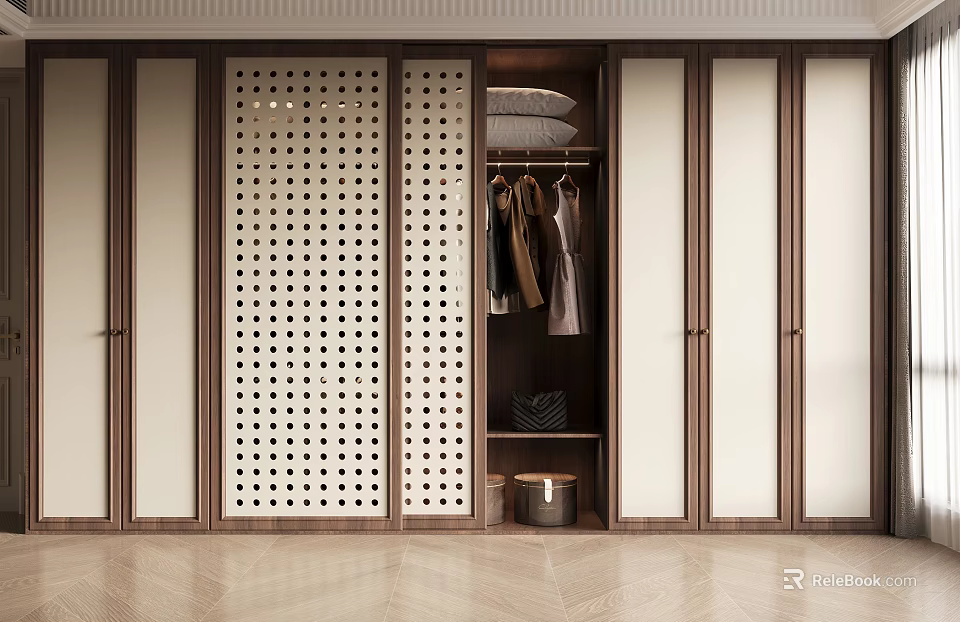 Modern Wooden Wardrobe with Sliding Doors Perforated Panel and Clothing Racks 3d model 
