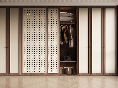 Modern Wooden Wardrobe with Sliding Doors Perforated Panel and Clothing Racks 3d model