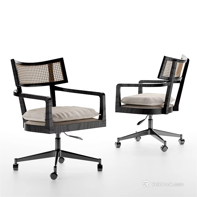 Stylish Black Frame Office Chair With Wicker Backrest Armrests And Swivel Padded Seat 3d model 