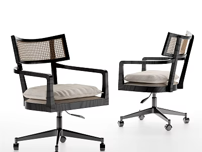 Stylish Black Frame Office Chair With Wicker Backrest Armrests And Swivel Padded Seat 3d model