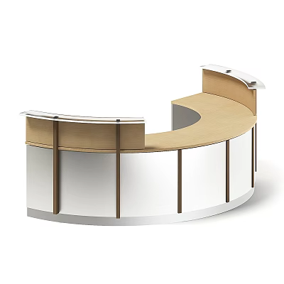 Modern Curved Reception Desk With Wooden Countertop And White Cabinetry 3d model