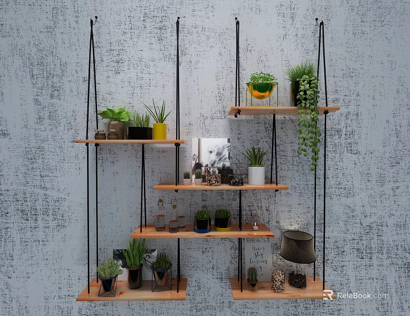 Wall Mounted Wooden Shelves Displaying Various Bonsai Plants and Decorative Items 3d model 