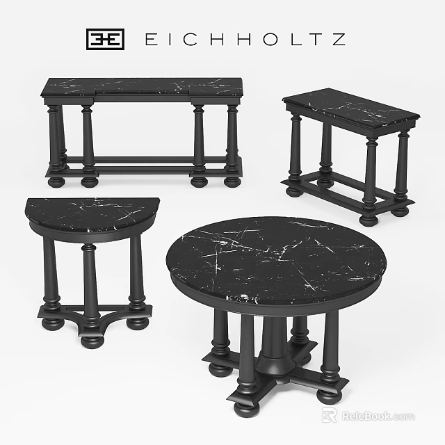 Elegant Black Marble Tables With Column Legs And Various Shapes 3d model 