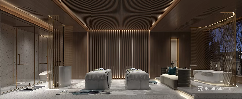 Wooden SPA Sauna Interior Design With Two Massage Beds Sofa And Warm Lighting 3d model 