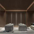 Wooden SPA Sauna Interior Design With Two Massage Beds Sofa And Warm Lighting