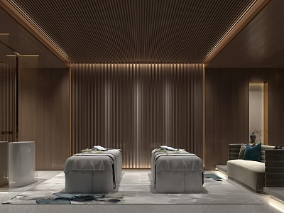Wooden SPA Sauna Interior Design With Two Massage Beds Sofa And Warm Lighting 3d model