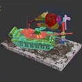 Green Camouflage Military Vehicle Model With Tracks Mechanical Arm Weapon And Snow Dirt On Base