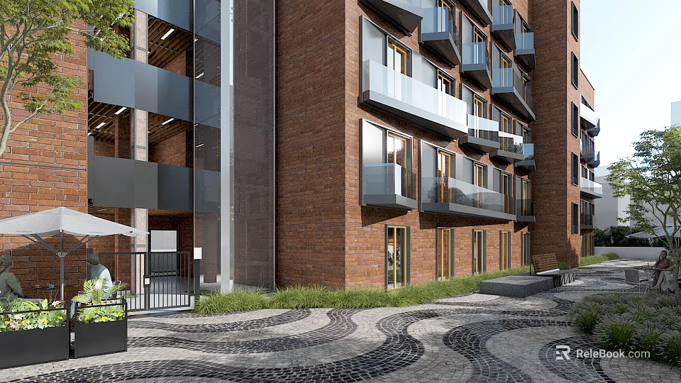 Modern Residential Building With Red Brick Exterior And Balconies In Paved Courtyard 3d model 