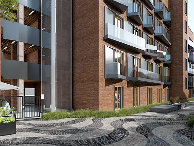 Modern Residential Building With Red Brick Exterior And Balconies In Paved Courtyard 3d model