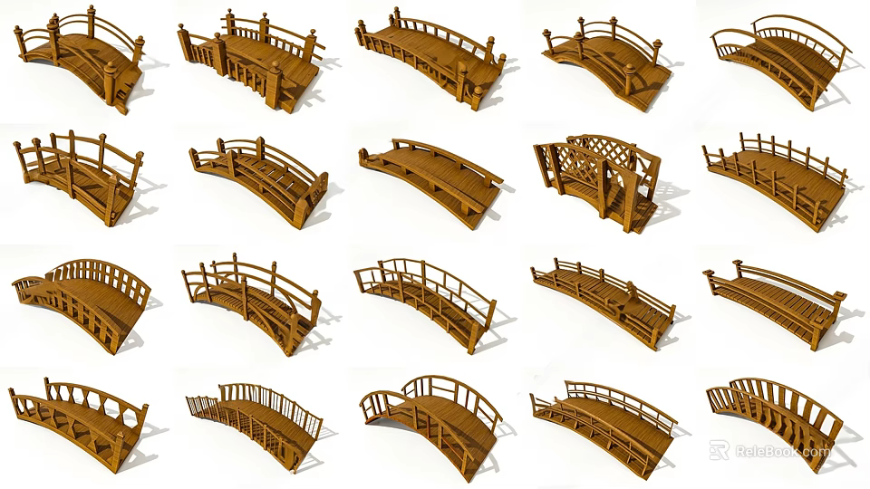 Wooden Landscape Bridges Featuring Various Designs And Decorative Railings For Gardens 3d model 