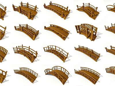 Wooden Landscape Bridges Featuring Various Designs And Decorative Railings For Gardens 3d model