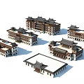 Ancient Architecture Complex Featuring Traditional Roofs Overhanging Eaves And Courtyard Layout 3d model