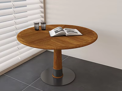 Round Wooden Coffee Table With Open Magazines Glass Cups And Metal Base 3d model
