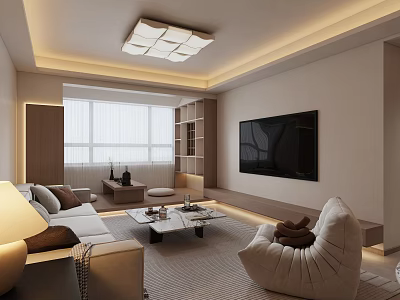 Warm Modern Minimalist Living Dining Room Interior Design With Cozy Ambient Lighting And Comfortable Furniture 3d model