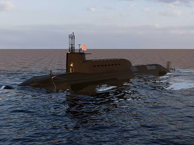 Military Submarine Vessel Navigating Open Ocean Waters With Command Tower And Calm Surface 3d model