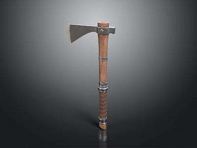 Vintage Battle Axe With Metal Head And Wooden Handle Decorated With Metal Rings 3d model