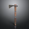 Vintage Battle Axe With Metal Head And Wooden Handle Decorated With Metal Rings