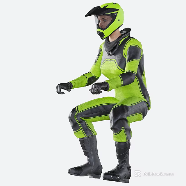 Man In Green And Black Motorcycle Suit With Helmet In Riding Pose 3d model 