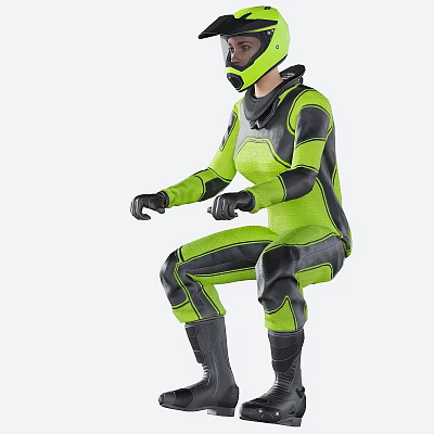 Man In Green And Black Motorcycle Suit With Helmet In Riding Pose 3d model