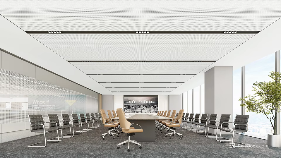 Modern Spacious Conference Room Featuring Large Table Ergonomic Chairs And Ceiling Lighting 3d model