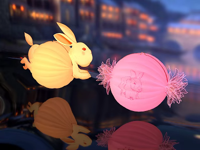 Cute Rabbit Shaped Yellow Lantern and Pink Round Lantern with Reflections on Water at Night 3d model