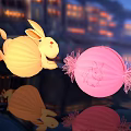 Cute Rabbit Shaped Yellow Lantern and Pink Round Lantern with Reflections on Water at Night