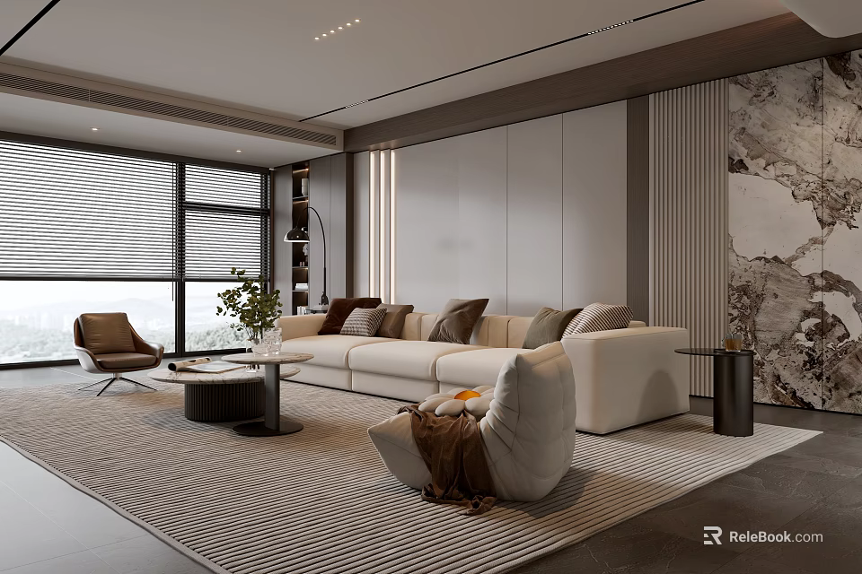 Modern Living Room Interior Featuring Large Windows Sofa Chair Area Rug And Marble Wall 3d model 