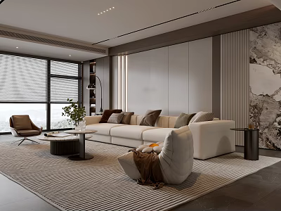 Modern Living Room Interior Featuring Large Windows Sofa Chair Area Rug And Marble Wall 3d model
