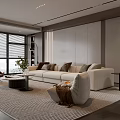 Modern Living Room Interior Featuring Large Windows Sofa Chair Area Rug And Marble Wall