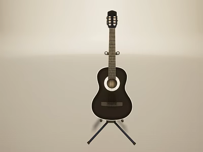 Black Acoustic Guitar With Tripod Stand And Art Supplies On Light Background 3d model