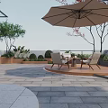 Outdoor Patio Garden Design With Wooden Deck Wicker Chairs Round Table Umbrella And Green Plants