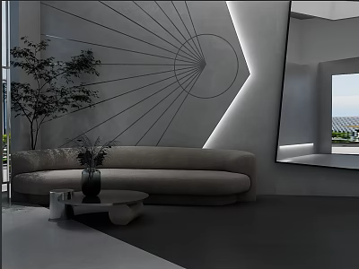 Modern Sofa Backdrop Wall With Geometric Lines And Lighting 3d model