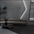 Modern Sofa Backdrop Wall With Geometric Lines And Lighting