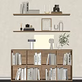 Wooden Open Bookcase with Multiple Compartments Filled with Books Vase Photo Frame and Potted Plant