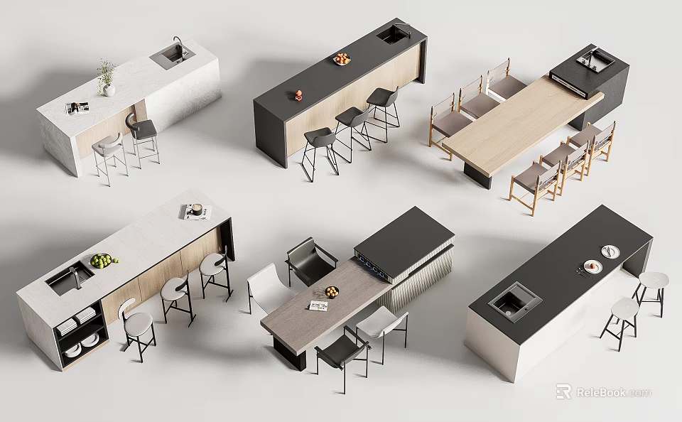 Modern Bar Counter Designs With Sleek Wooden Marble Tops And Matching Stools 3d model 